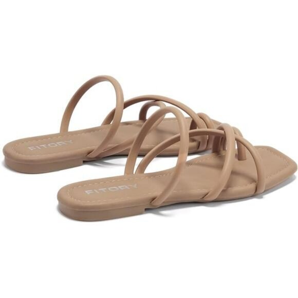 Womens Flat Slide Sandals Toe Ring Thong Strappy Summer Slip On Shoes Size - Picture 4 of 7